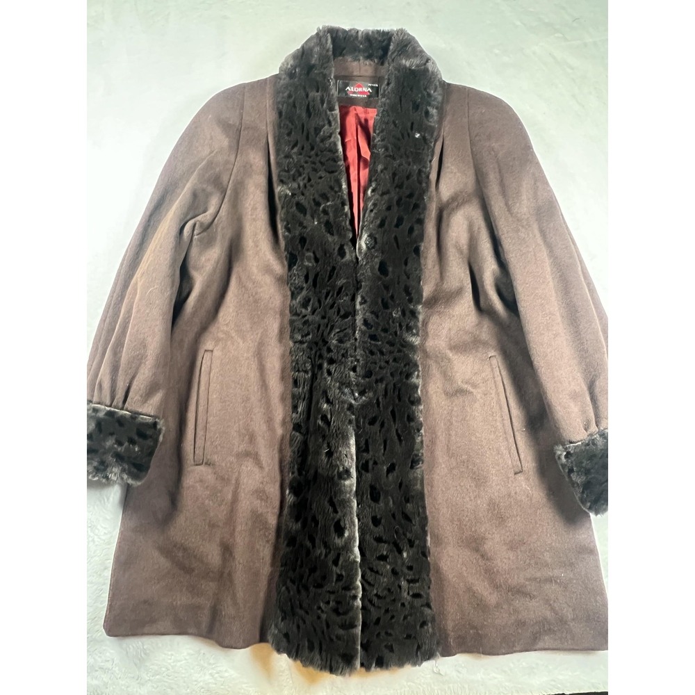Alorna Coat Womens Petite Brown Wool Blend Faux Fur Trim Made in USA Hook Front